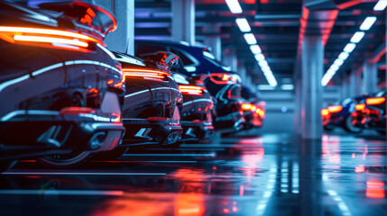 A row of cars parked on the side with their tail lights glowing