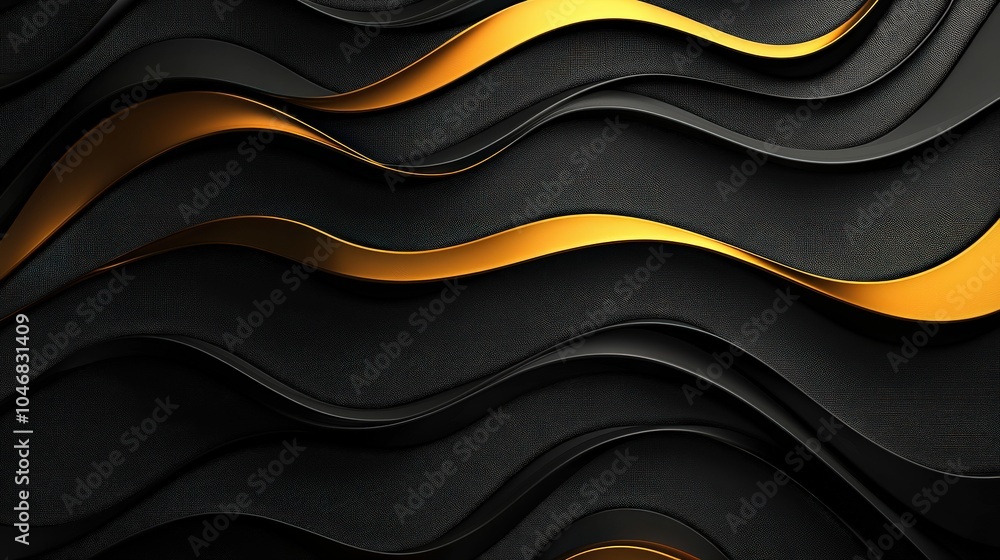 Poster bold gold lines creating an abstract pattern on a smooth black background, offering a contemporary d