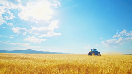 Fototapeta premium A tractor drives across a golden wheat field under the vast blue sky, capturing the essence of farming, harvest, and the beauty of the land.
