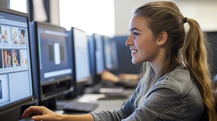 A teacher using educational technology in a modern classroom, demonstrating interactive tools to engage students