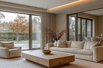 Fototapeta premium Minimalist, modern Scandinavian interiors in living rooms with sofas and tables. Generative AI 