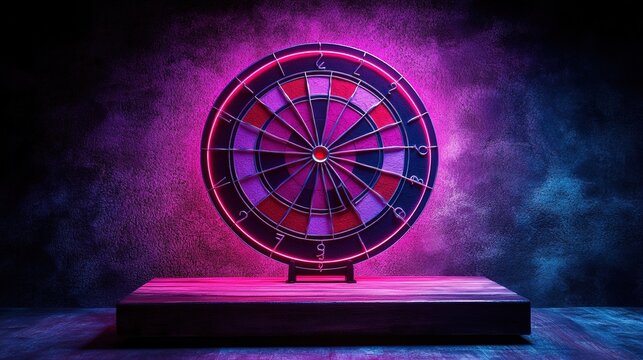 A round dart board is displayed on a ultraviolet background business technology