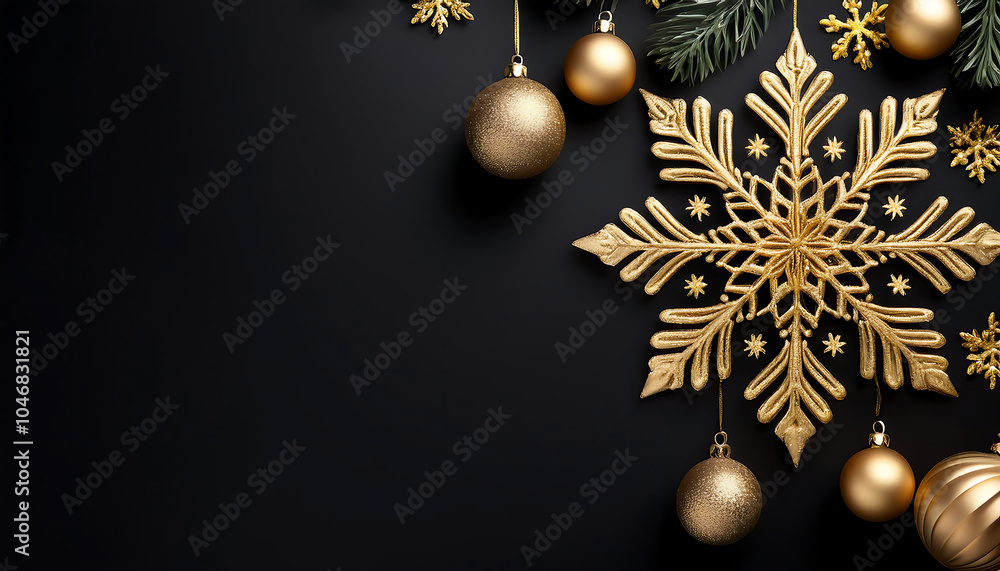 Poster golden snowflake and christmas ball design on black background with space for text is perfe_1(509)