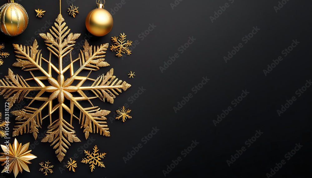 Poster golden snowflake and christmas ball design on black background with space for text is p_1(512)