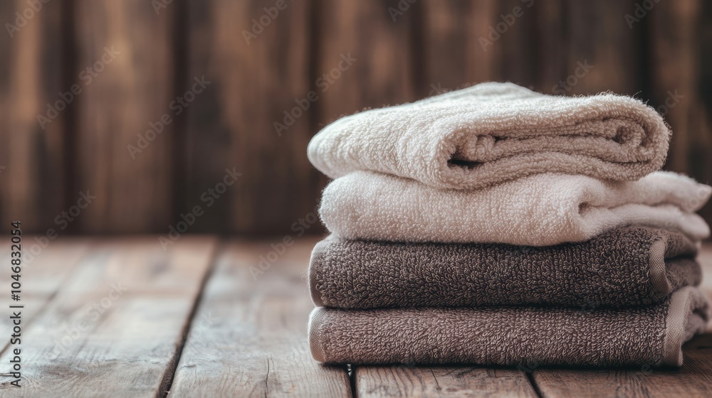 Aufkleber Soft towels in neutral tones are neatly stacked on a wooden table, creating a warm and inviting atmosphere for relaxation. Generative AI