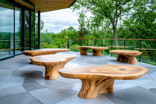 organic-shaped palo borracho wood outdoor seating arrangement