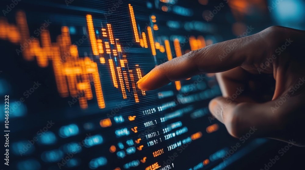 Poster close-up of a hand pointing at a dynamic bar graph on a screen, showcasing the growth in stock price