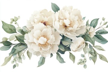 Against a white background, a watercolor bouquet of white roses and other white flowers is shown with green leaves and stems