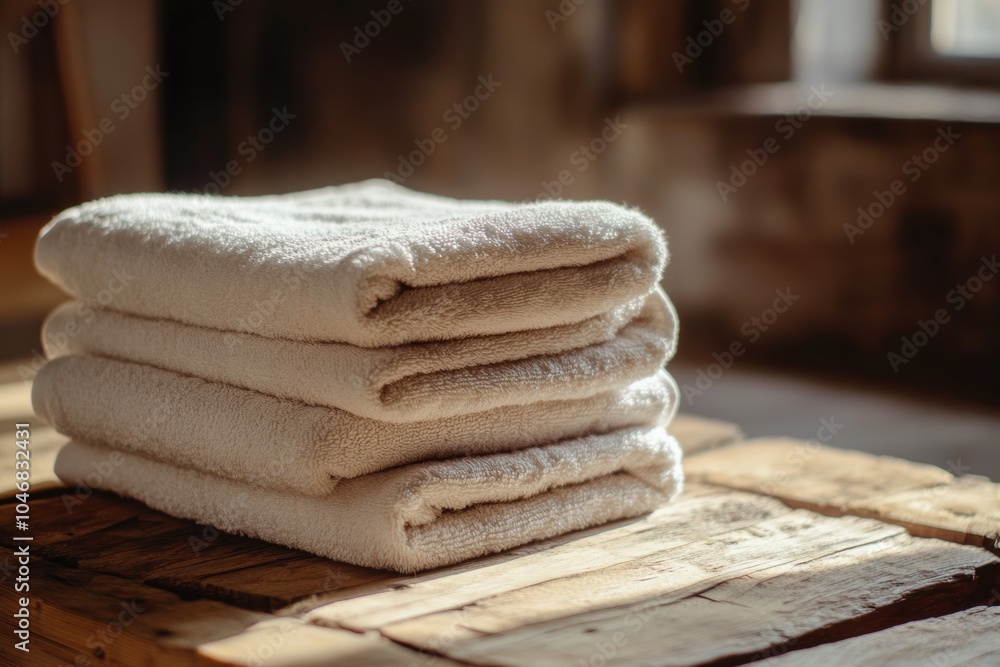 Aufkleber Neatly folded soft beige towels rest on a rustic wooden table, illuminated by warm sunlight filtering through a nearby window. Generative AI