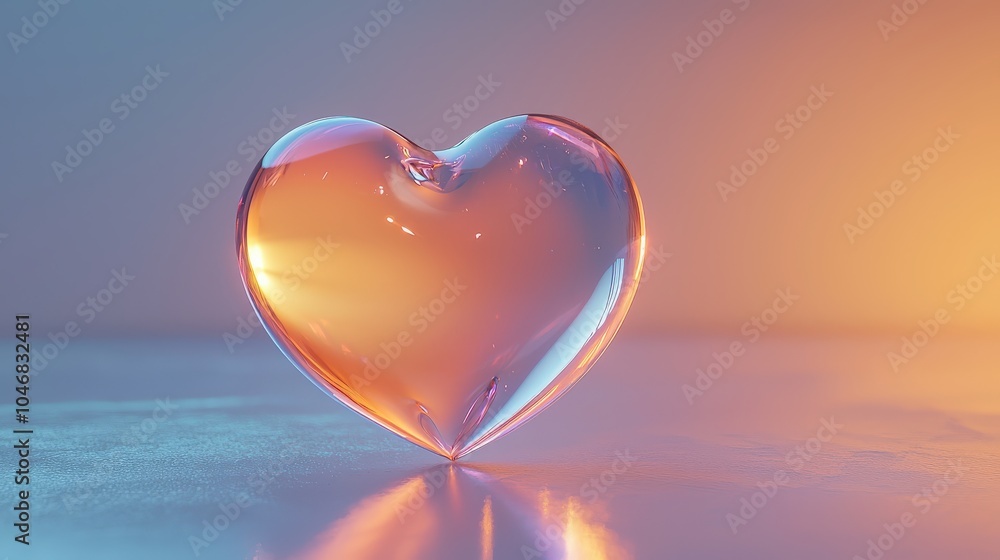 Poster close-up shot of a translucent heart with gleaming reflections, hovering in front of a serene gradie