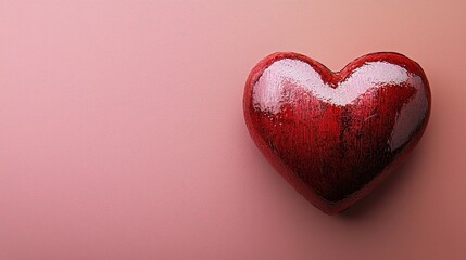 Fototapeta premium Close-up shot of a small classic heart in bright red, placed in the bottom right corner of a gentle pink backdrop, ideal for expressing love.
