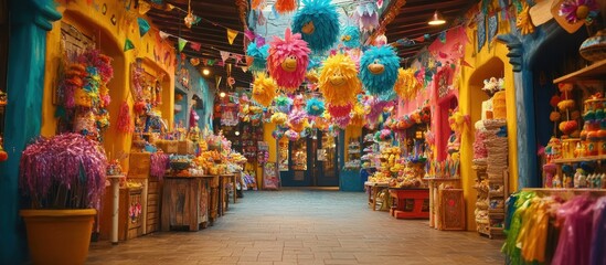 Colorful market street decorated with festive decorations.