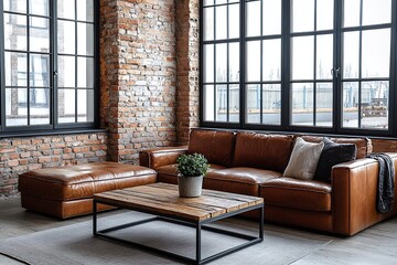 Fototapeta premium Mid century Modern interiors in the living room with red brick-lined walls and sofas and tables. Generative AI 