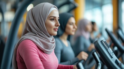 Fototapeta premium Muslim Women in sportswear and hijabs exercise on treadmills in a modern gym setting. Generative ai