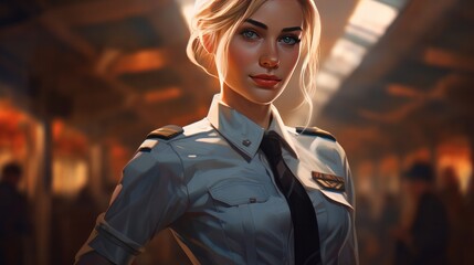 Fototapeta premium Air hostess smiling and providing a warm welcome to passengers as they board the plane,