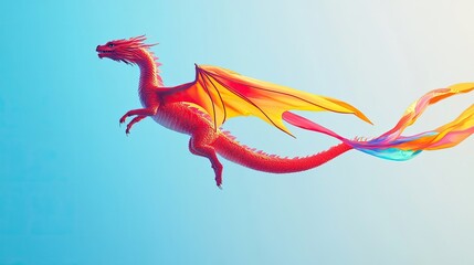 Obraz premium A vibrant red dragon kite flying high against a clear blue sky, with a colorful tail flowing behind it