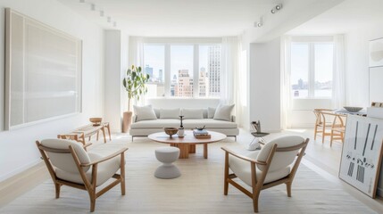 Fototapeta premium A bright and open living room design featuring a white canvas backdrop, Strategically arranged minimal furniture, Scandinavian minimalist style