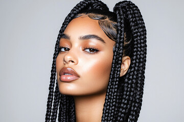 young beautiful black woman with elegant box braids with natural hair texture