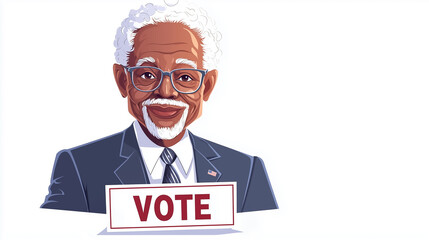 An engaging depiction of a smiling elder advocating for voter engagement, showcasing his wisdom and charm