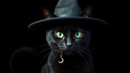 A Black Cat Dressed in a Witch's Hat with a Crescent Moon Pendant and Bright Green Eyes Glares into the Darkness