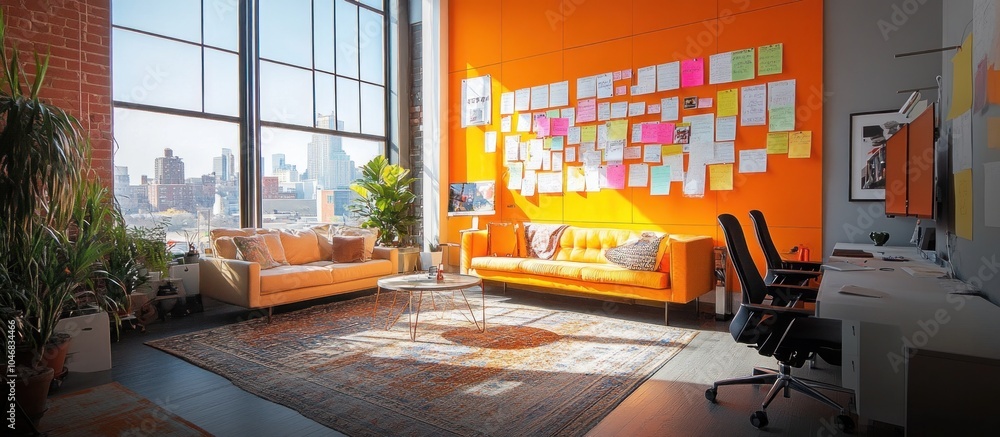 Poster modern loft office space with a wall covered in sticky notes. the room features a large window with 