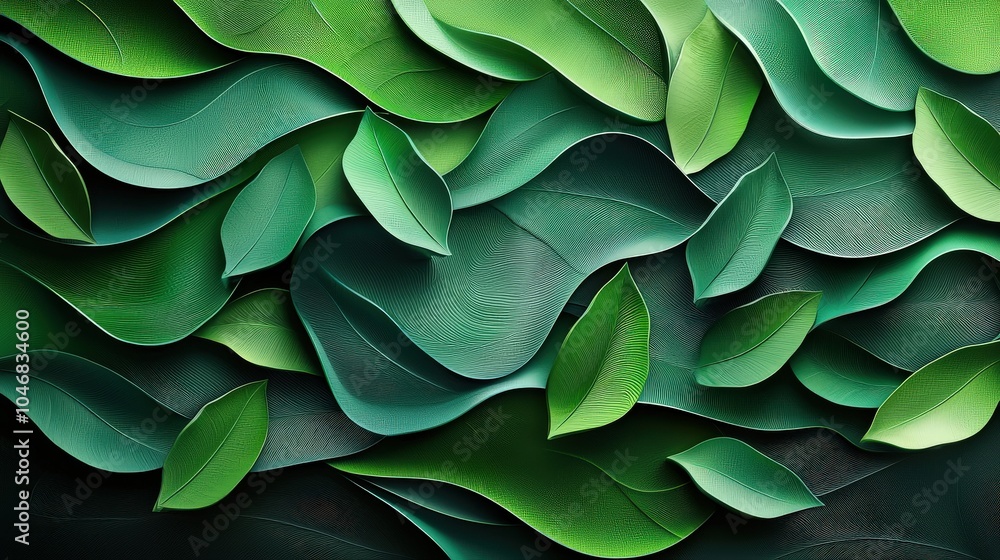 Poster green abstract leaf patterns with fluid textures and smooth shading, creating a dynamic, professiona