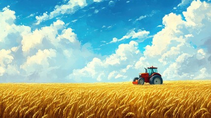 Obraz premium A tractor works tirelessly in a golden wheat field, its vibrant red frame contrasting with the vast blue sky,