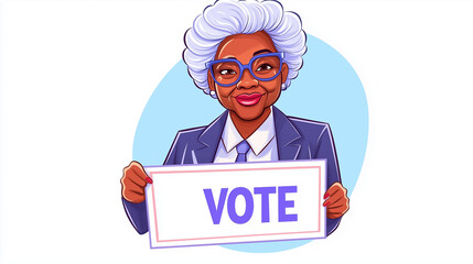 A cheerful woman proudly holds a sign that says Vote, encouraging civic participation and representation for all