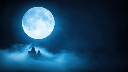 Fototapeta premium A haunting scene features a large moon over a mysterious, mist-shrouded castle, creating an eerie, atmospheric ambiance.