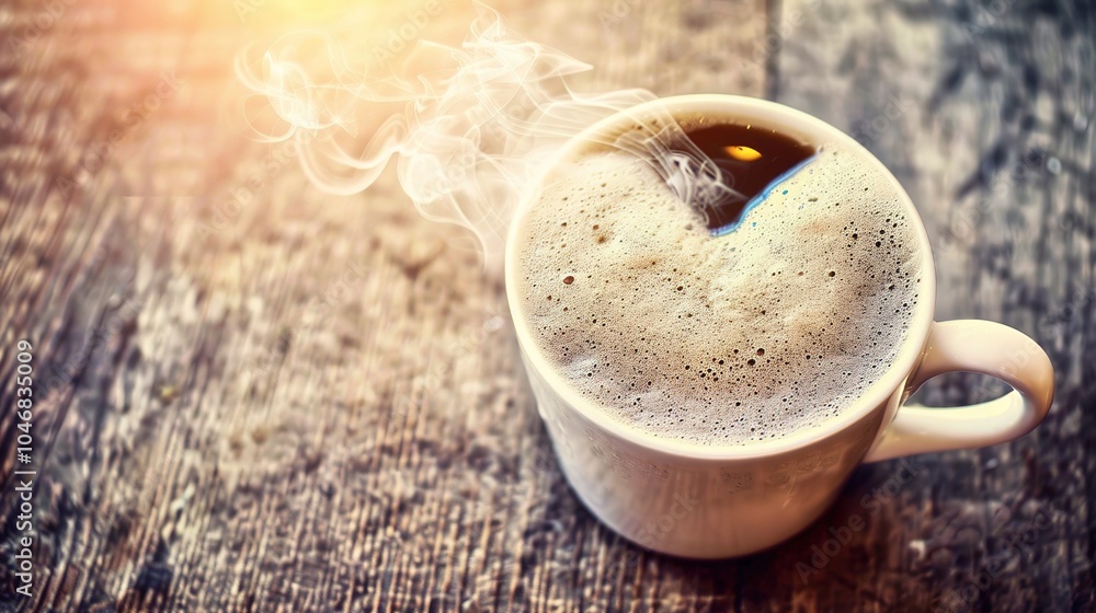 Wall mural heart-shaped froth steaming coffee cup on rustic wooden table - morning sunlight filtering