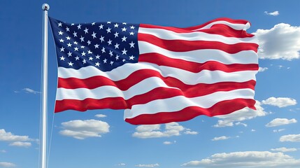 Obraz premium An expansive view of a flagpole with a waving American flag against a clear sky