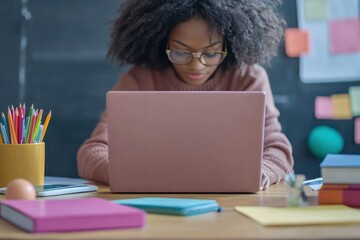 Educational content creation on a laptop, a teacher designing digital lessons using creative software