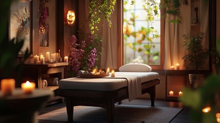 An inviting space with a massage table, candles, and soothing decor, creating a tranquil setting for relaxation