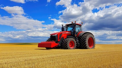 Obraz premium A tractor works tirelessly in a golden wheat field, its vibrant red frame contrasting with the vast blue sky,