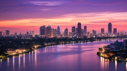 Naklejka premium The cityscape of Bangkok at twilight, capturing the transition from day to night with a mix of illuminated office towers and residential buildings,