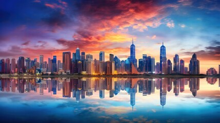 Fototapeta premium The cityscape of Bangkok at twilight, capturing the transition from day to night with a mix of illuminated office towers and residential buildings,