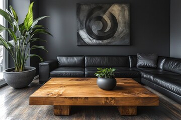 Minimalist, a mid century modern interior with black walls with art frames hanging and black sofas and cafe tables. Generative AI
