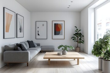 Mid century Modern interiors in residential living rooms with white-tone walls and sofas and tables. Generative AI
