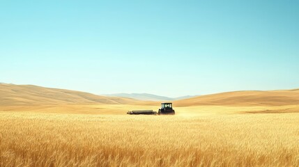 Obraz premium A tractor plows through a golden wheat field beneath a clear blue sky, representing the effort and beauty of farming during the harvest.