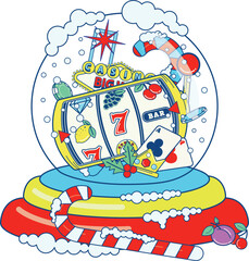 Christmas casino snow globe with play cards, Las Vegas sign, slot reel and candy canes.
