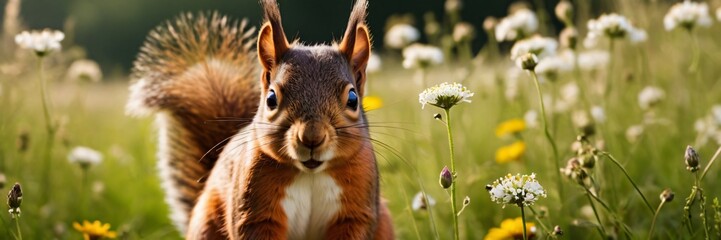 Obraz premium close-up portrait of a squirrel in a meadow surrounded by flowers