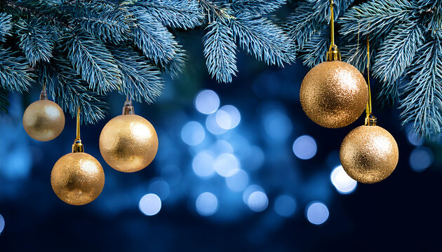 Golden balls on fir branches under blue night lights create an abstract Christmas scene wit_1(485)