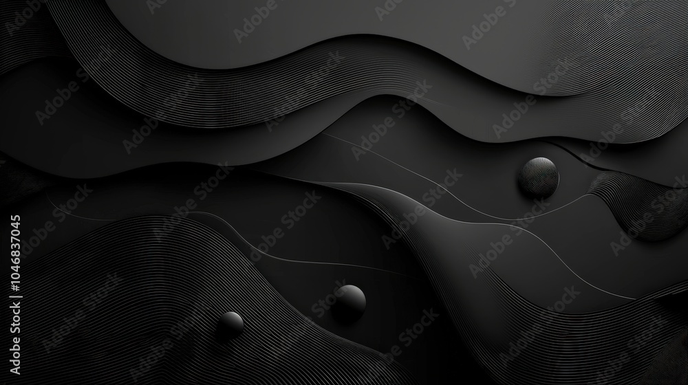 Poster sophisticated black background with minimalist design elements like abstract lines and shapes, ideal