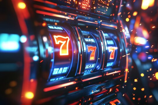 A line of innovative slot machines showcases colorful lights and spinning reels, with a central jackpot symbol illuminating the atmosphere. Generative AI