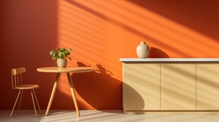 A clean and modern kitchen space with an orange accent wall casting a shadow over a beige pedestal table,