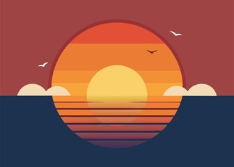  A vintage-inspired illustration of a sunset over the ocean, perfect for t-shirt designs, posters, or social media graphics.