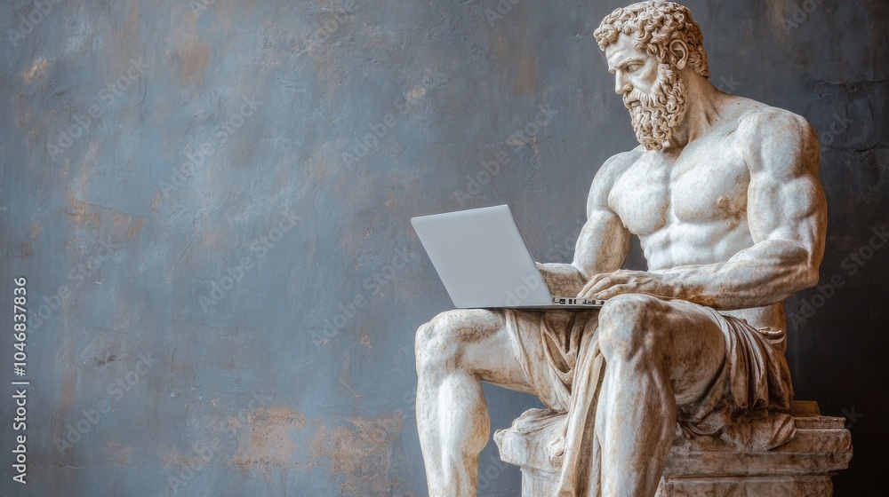 Poster a statue of a man sitting on a stone slab with a laptop in front of him