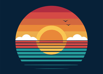  A vintage-inspired illustration of a sunset over the ocean, perfect for t-shirt designs, posters, or social media graphics.
