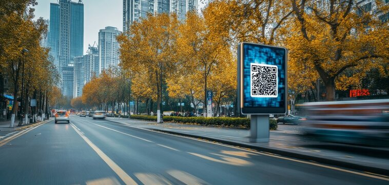 A city street lined with autumn trees features a digital advertisement displaying a QR code against a backdrop of modern buildings. - Powered by Adobe