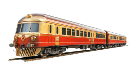 A red and gold train with a white background